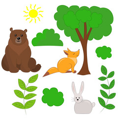 Set with forest animals on a white background