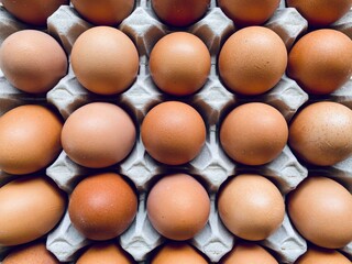 Closeup view of free range organic farm eggs in a traditional recyclable cardboard carton. Egg box details filling frame. Tray of thirty.