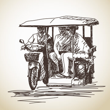 Sketch of tricycle moto taxi with tourist Hand drawn vector illustration