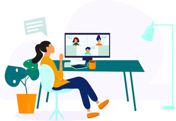 Girl communicates online via video conferencing