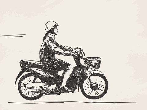 Sketch of woman riding motorcycle Hand drawn vector illustration