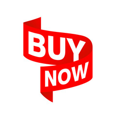 Buy now button - design element in ribbon form for promo sticker - vector isolated icon