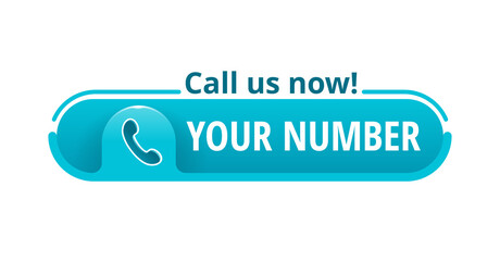 Call us now! Creative button template  with phone number place in website header  - conspicuous sticker with phone headset pictogram