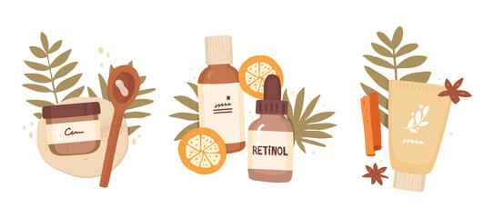 Set of vector vector illustrations in flat style. Serum, cream, lotion. Hand drawn cosmetics packaging, tropical leaves and fruits. Isolated composition on white background. Skin Care, Treatment, Spa