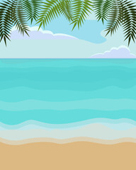 Fototapeta na wymiar Vector illustration of sea, beach, palm leaves and sky with clouds. Summer seascape. Summer background