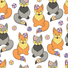 Seamless pattern with red and black foxes