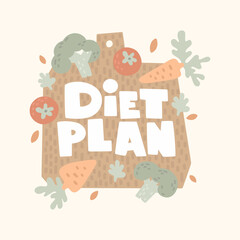 Handwritten inscription on cutting board. Lettering surrounded by vegetables. Hand drawn carrot, broccoli and tomato. Colorful illustration in doodle style. Healthy food, vegetarian diet.