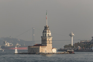 Istanbul, Turkey - one of the most recognizable landmarks of Istanbul, the Maiden's Tower stands in the middle of Bosporus, right in front the Üsküdar district. Here in particular its shape