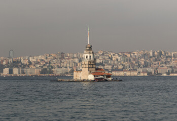 Istanbul, Turkey - one of the most recognizable landmarks of Istanbul, the Maiden's Tower stands in the middle of Bosporus, right in front the &Uuml;sk&uuml;dar district. Here in particular its shape