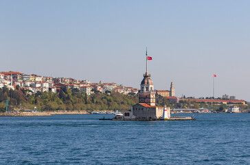 Istanbul, Turkey - one of the most recognizable landmarks of Istanbul, the Maiden's Tower stands in the middle of Bosporus, right in front the Üsküdar district. Here in particular its shape