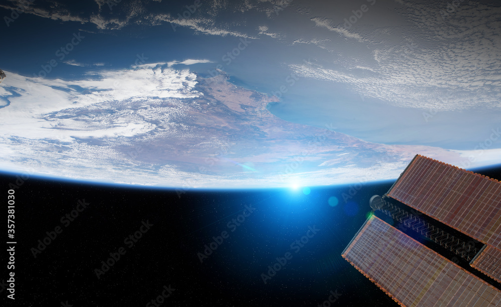 Aufkleber view of planet earth from a space station window during a sunrise 3d rendering elements of this imag