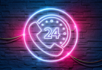 Hotline neon icon illuminating a brick wall with blue and pink glowing light 3D rendering