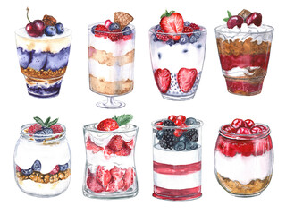 Watercolor illustration Berry dessert in a glass