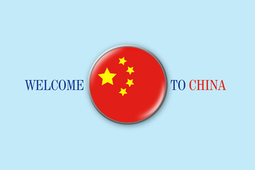 Flag of China in a round icon on a blue background. Welcome to China. Travels.