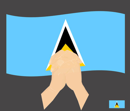 Praying hands with Saint Lucia National Flag, Pray for Saint Lucia, Save Saint Lucian People concept, cartoon graphic, sign symbol background, vector illustration.