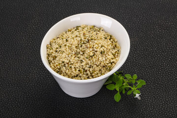 Peeled hemp seeds in the bowl