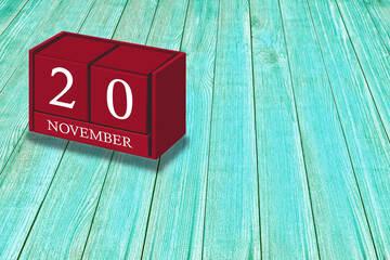 November 20th, Day 20 of November month, Red calendar on workplace green wood, Empty space for text, Copy space right, 3D illustration