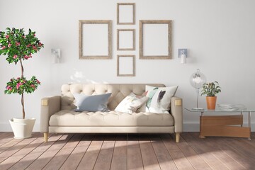 modern room with sofa,pillows,table,lamps,magazines,plants