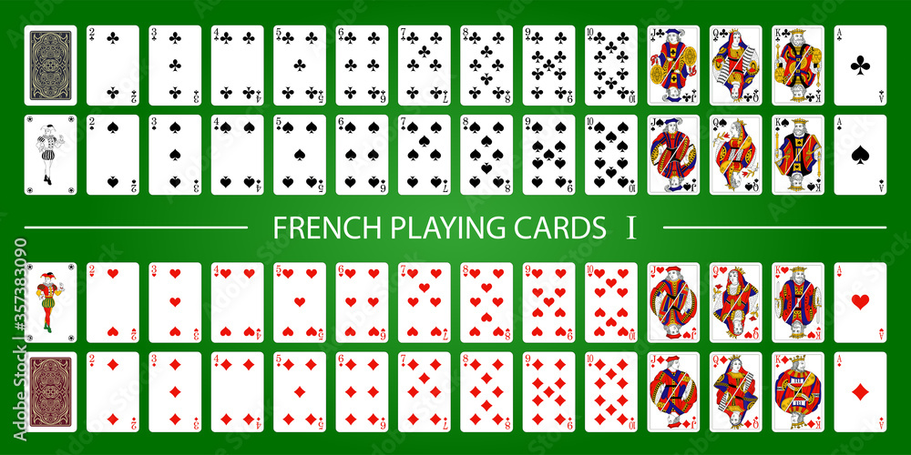 Wall mural Poker set with isolated cards on green background. 52 French playing cards with jokers.