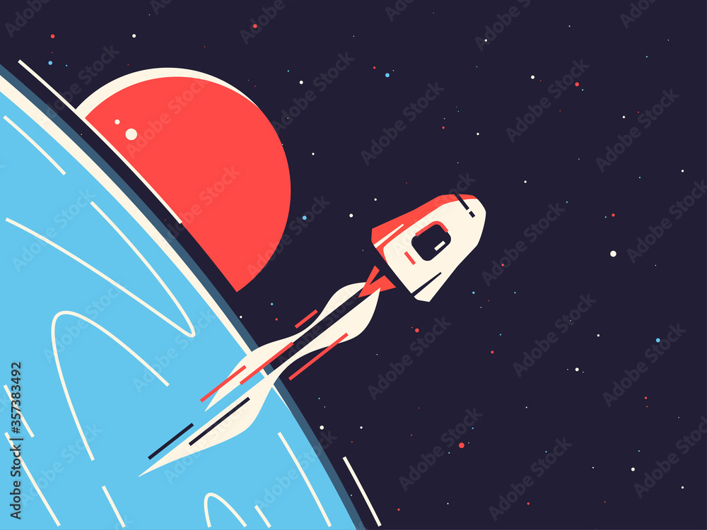 Wall mural vector illustration of a reusable spacecraft entering into orbit around the planet