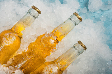 Three bottles of cold lager beer on ice