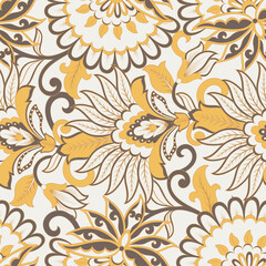 Fototapeta na wymiar Floral vector seamless pattern. Fantastic flower, leaves. Textile bohemian print. Batik painting