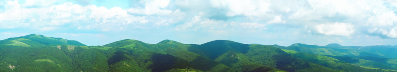 Panoramic mountain landscape. Forested mountains, cloudy, summer day