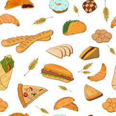 Seamless vector background of their objects for baking baguette, sandwich, hamburger, donut, croissant, shawarma on a white background.