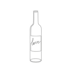 Minimalist line art illustration. Bottle of wine with Love on the label. Black and white creative illustration for print or tattoo. - Vector