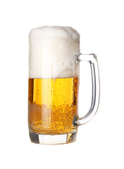 Close up one frothy beer glass isolated on white