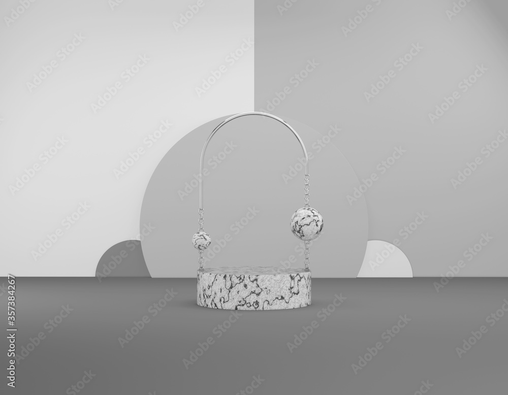 Aufkleber 3d rendering abstract display product. marble podium with a shiny silver arch and chains, decorative