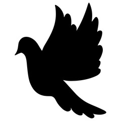 Dove in flight. Silhouette. Vector illustration. The bird flaps its wings. Dove - a symbol of peace. Isolated white background. Festive print, tattoo. Making greetings for Valentine day, wedding. 