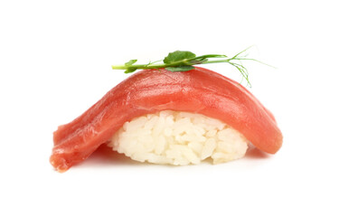Close up one nigiri sushi with tuna on white