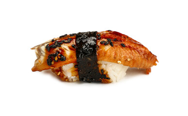 Close up one nigiri sushi with eel on white