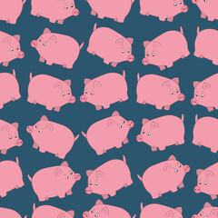 The pink pig. Chubby kid from the farm. Seamless vector pattern. A pet. Ornament on an isolated cyan background. Idea for textile, cover, decoration. Mumps with a tail in the form of a hook.