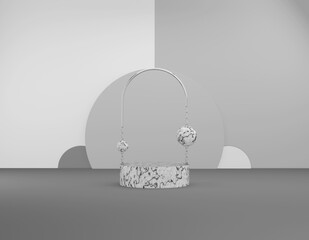 3D rendering abstract display product. Marble podium with a shiny silver arch and chains, decorative round elements of different tones of pastel white, gray. Luxury winner concept for social network.