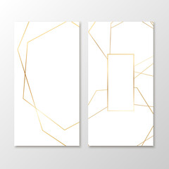 Wedding invitation cards with gold geometric polygonal design elements. Vector luxury invite