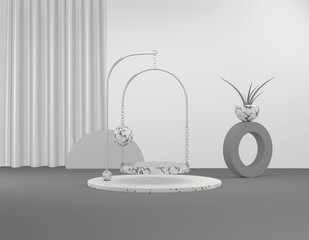 3D rendering abstract podium presentation of goods. Marble pedestal with a shiny silver arch and chain, curtain, decorative flower of different colors in pastel white, gray. Minimal online store page