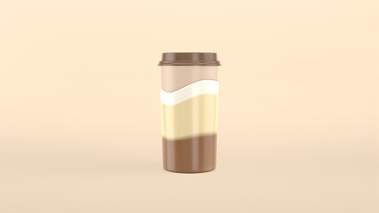 3D rendering paper cup of latte coffee. Slow motion wave splash. Craft, plastic cup with a straw cartoon style.