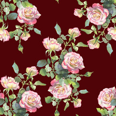 Pink and white roses, buds and blossoms hand-painted in watercolor pattern for printing on fabric, for printing on paper for packaging or for wedding invitations.