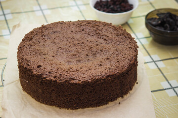 Chocolate sponge cake. The process of making a cake. Cake ingredient
