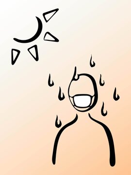 A Person Who Wears A Mask On A Hot Day And Gets Heat Stroke. Hand-drawn Line Drawing. Vector Image That Can Be Used For Icons And Logos.