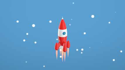 3D rendering of a vintage toy rocket flying spinning among the stars on a blue background. Space travel cartoon style.