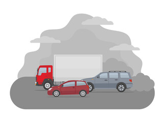 Fototapeta na wymiar Pollution from the exhaust of cars. Ecology problems concept. Flat style, vector illustration. 