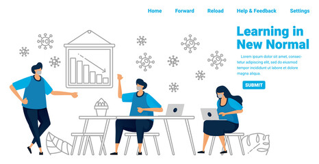 Social distancing meeting in new normal protocol during in covid-19. New business opportunity and learning in pandemic. Illustration design of landing page, website, mobile apps, poster, flyer, banner