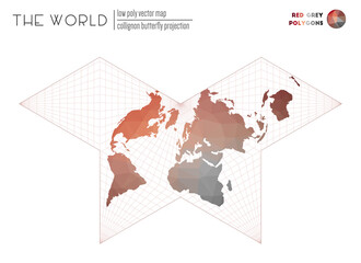 World map in polygonal style. Collignon butterfly projection of the world. Red Grey colored polygons. Amazing vector illustration.