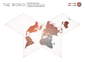World map in polygonal style. Collignon butterfly projection of the world. Red and Grey colored polygons. Amazing vector illustration.
