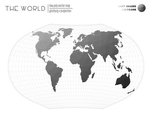 World map with vibrant triangles. Ginzburg V projection of the world. Grey Shades colored polygons. Contemporary vector illustration.