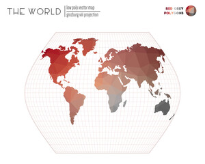 World map with vibrant triangles. Ginzburg VIII projection of the world. Red Grey colored polygons. Energetic vector illustration.