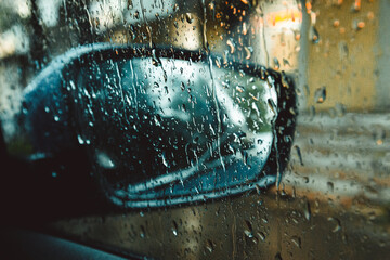 Wet car mirror from the rain through the glass, raindrops close-up. Selective focus